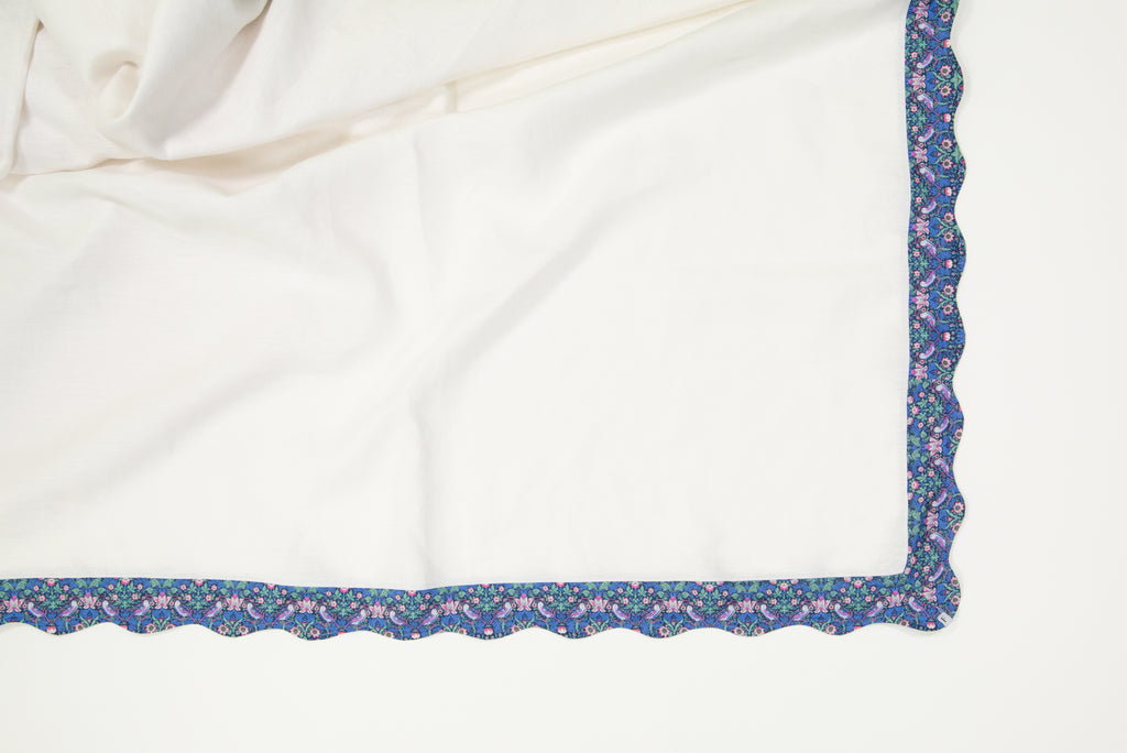 White Tablecloth with Liberty Strawberry Thief Blue Print Wave
