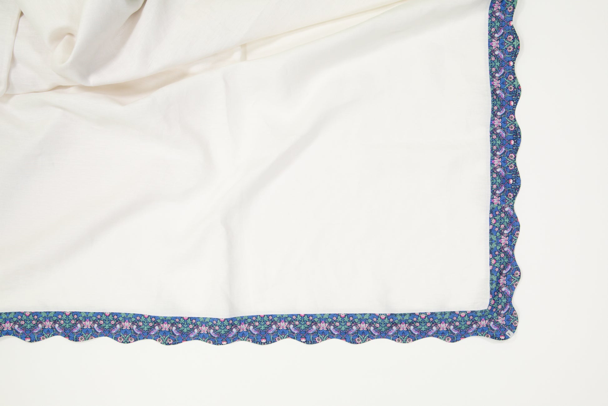White Tablecloth with Liberty Strawberry Thief Blue Print Wave