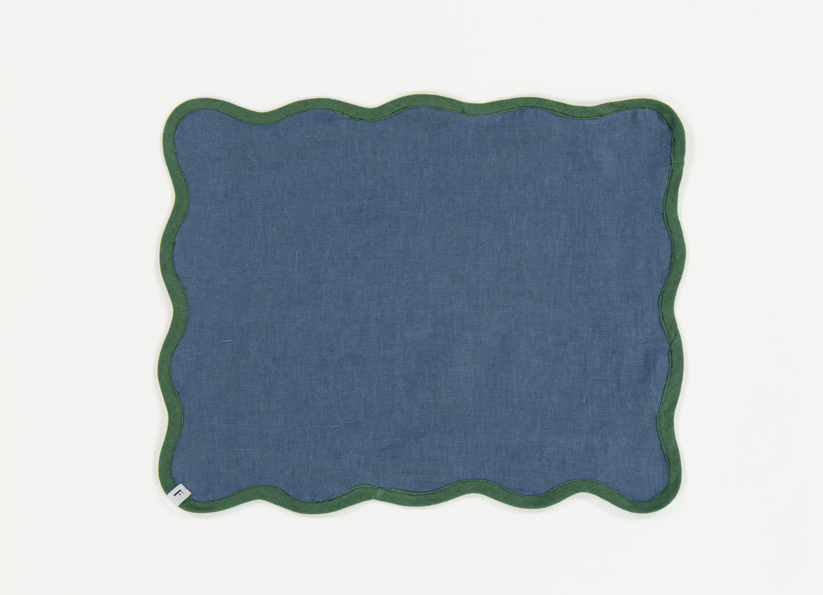 Denim Blue Placemats with Foliage Green Wave | Set of 2