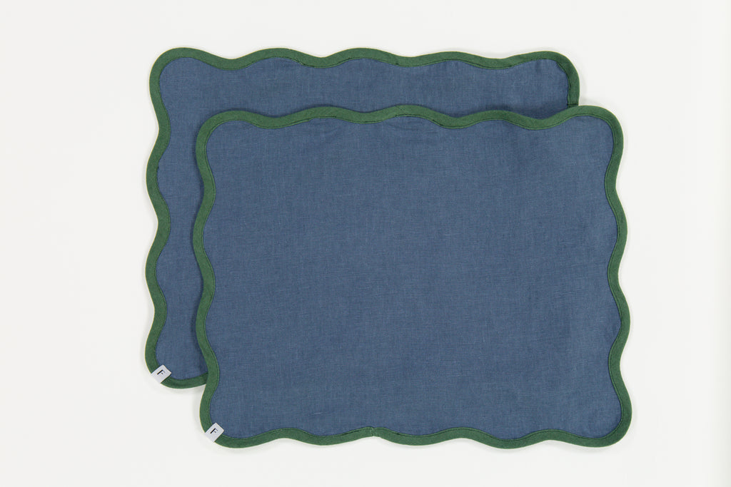 Denim Blue Placemats with Foliage Green Wave | Set of 2