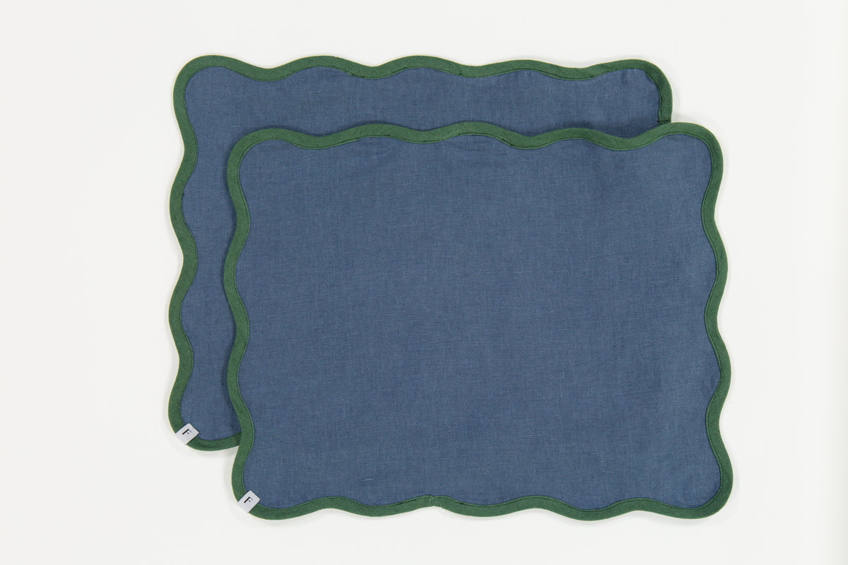 Denim Blue Placemats with Foliage Green Wave | Set of 2