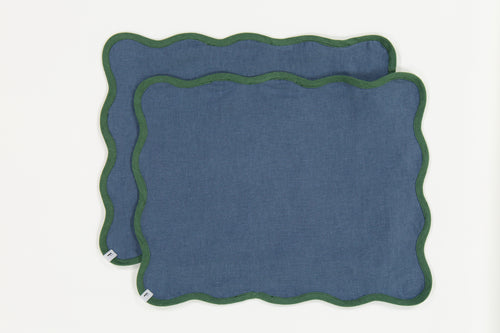 Denim Blue Placemats with Foliage Green Wave | Set of 2