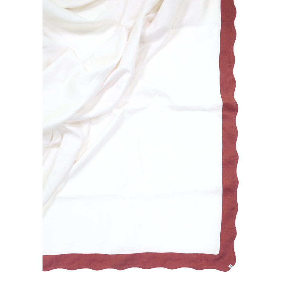 White Tablecloth with Dusty Red Wave