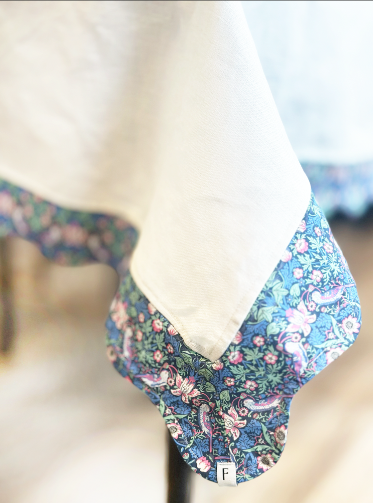 White Tablecloth with Liberty Strawberry Thief Blue Print Wave