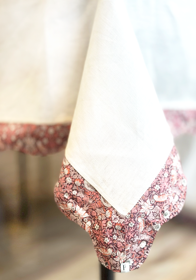 White Tablecloth with Liberty Strawberry Thief Pink Print Wave