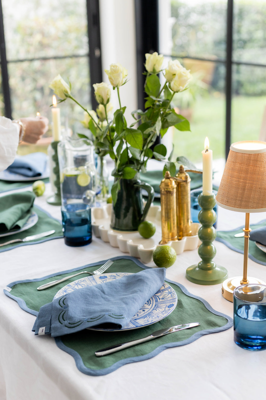 Denim Blue Placemats with Foliage Green Wave | Set of 2