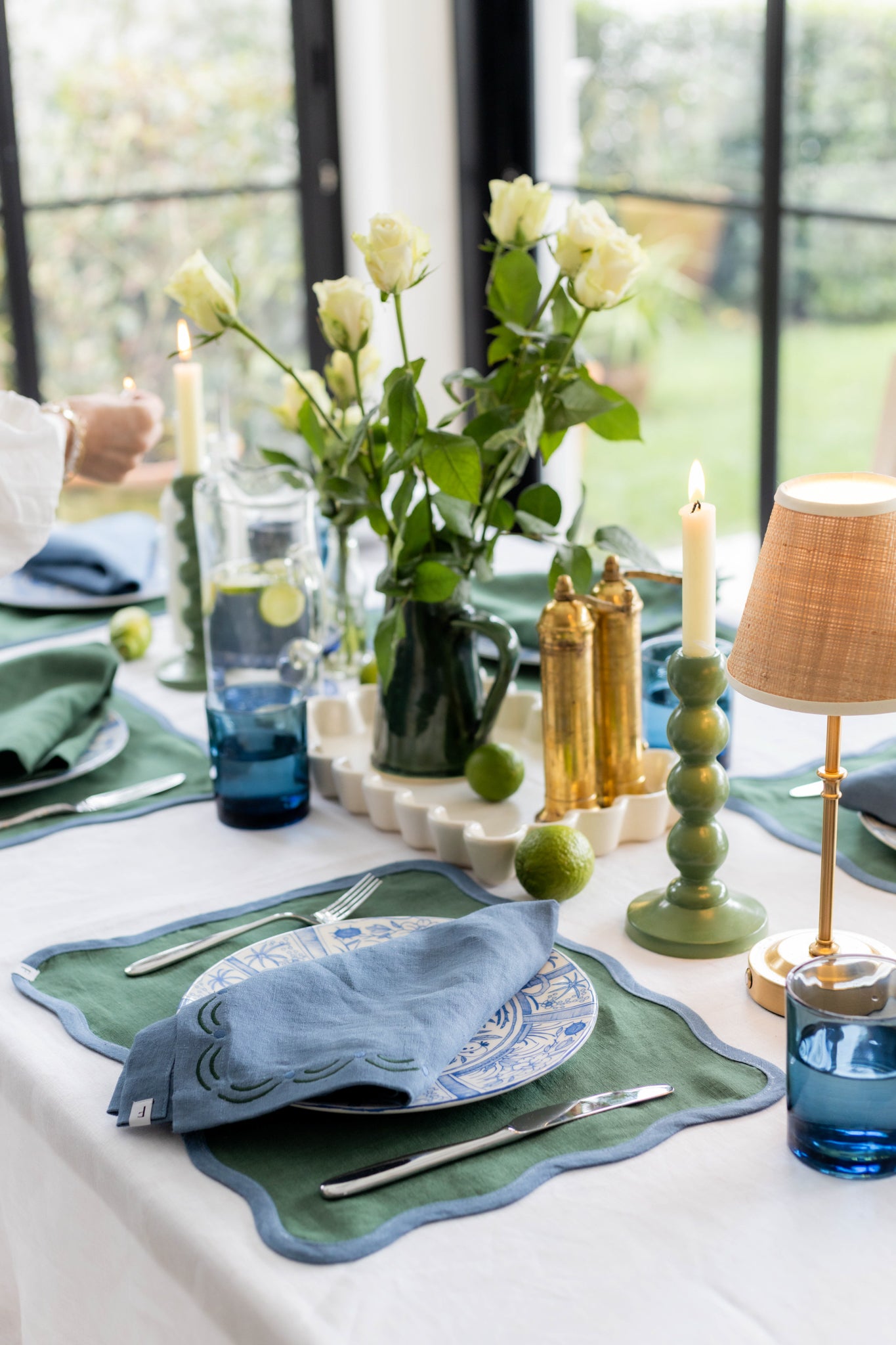 Denim Blue Placemats with Foliage Green Wave | Set of 2