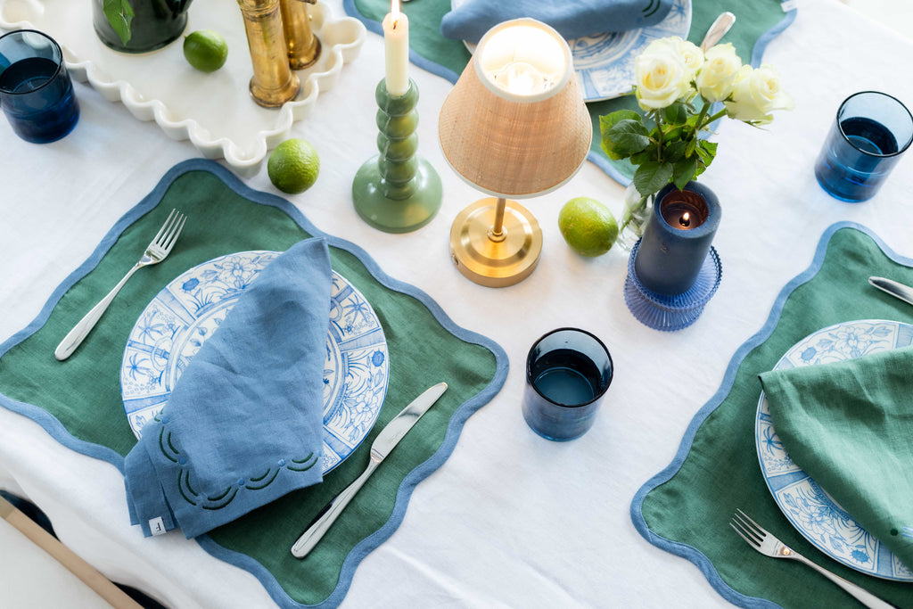 Denim Blue Placemats with Foliage Green Wave | Set of 2